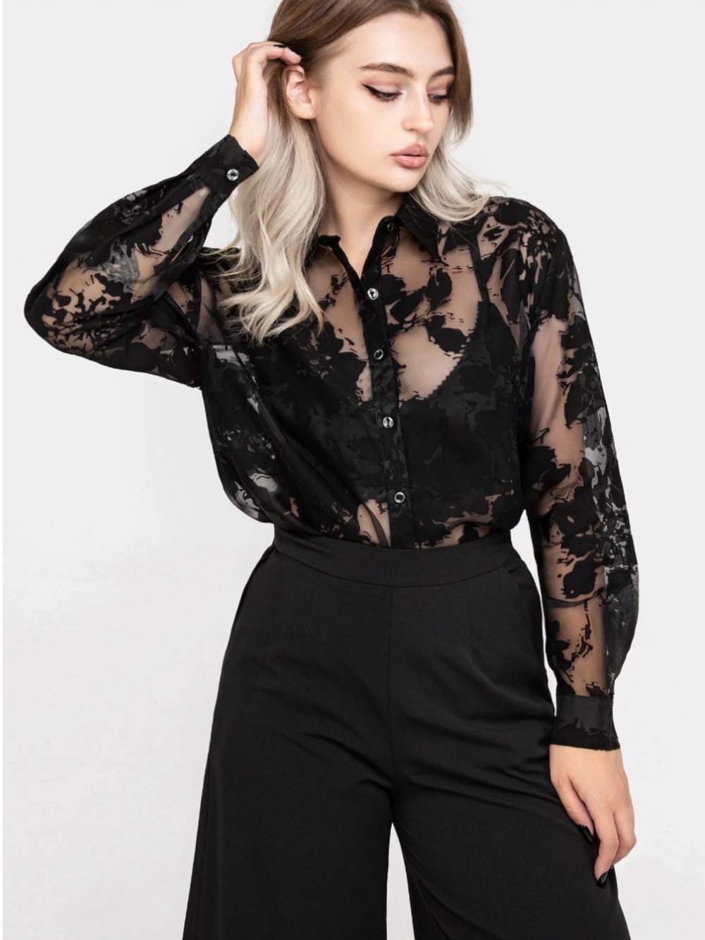 Disturbia Black Sheer Floral Burnout Button-Down Shirt
